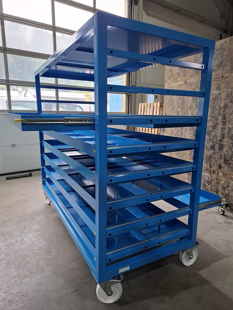 Schwerlast Schubladenwagen 1000kg himmelblau von Seite links schräg