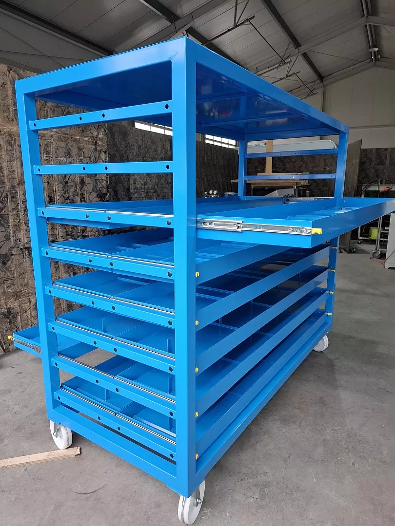 Schwerlast Schubladenwagen 1000kg himmelblau von Seite rechts schräg